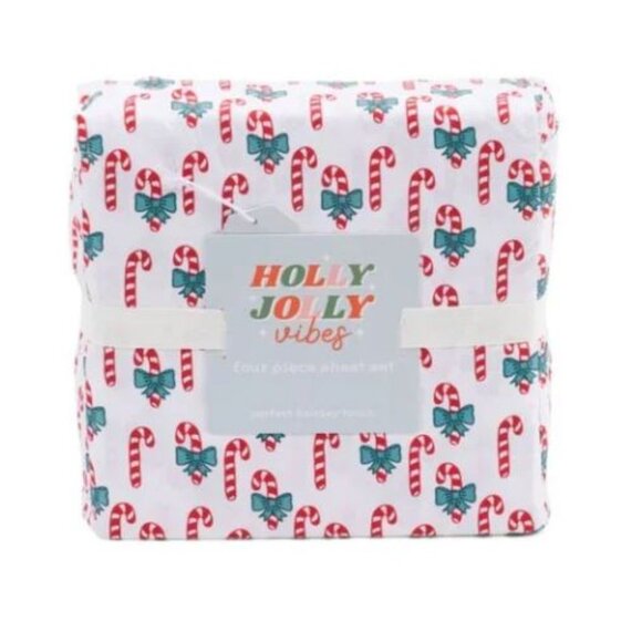 NWT HOLLY + JOLLY VIBES Multi Candy Cane Bows Sheet Set Size Queen - Picture 2 of 5